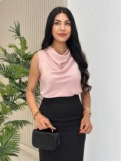 Degaje Yaka Pamuk Saten Premium Kalite Bluz Pudra