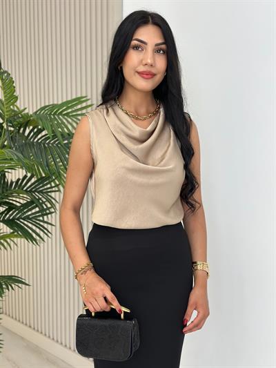 Degaje Yaka Pamuk Saten Premium Kalite Bluz Vizon