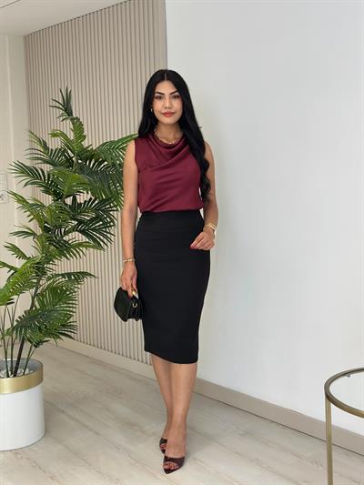 Degaje Yaka Pamuk Saten Premium Kalite Bluz Bordo