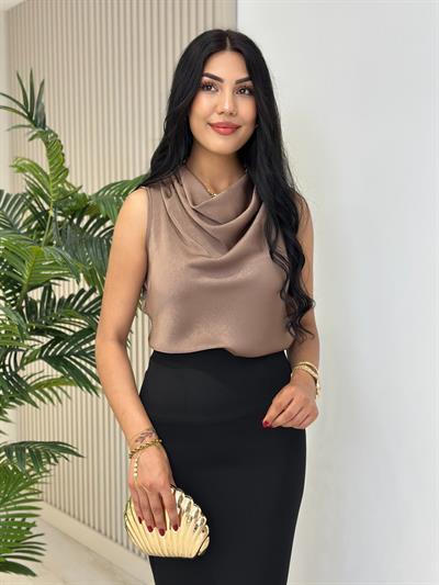 Degaje Yaka Pamuk Saten Premium Kalite Bluz Kahve