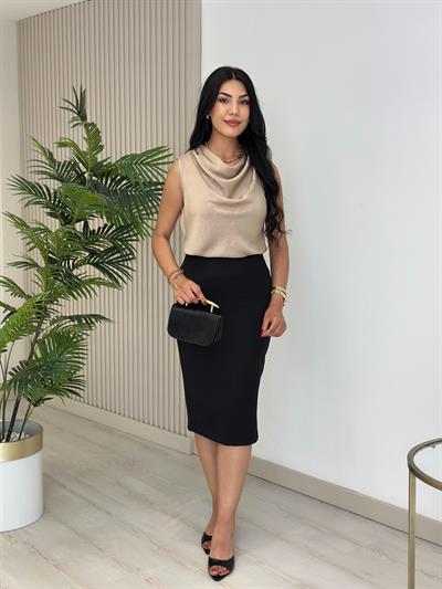 Degaje Yaka Pamuk Saten Premium Kalite Bluz Vizon