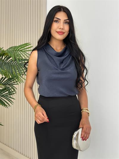 Degaje Yaka Pamuk Saten Premium Kalite Bluz Lacivert