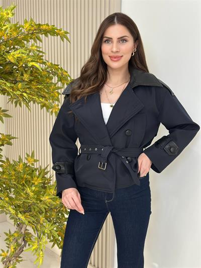 Deri Detaylı Kuşaklı Trençkot Lacivert