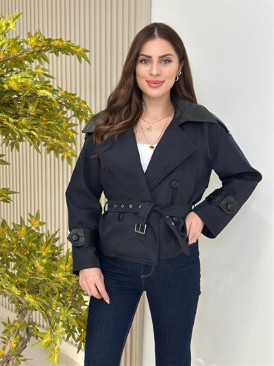 Deri Detaylı Kuşaklı Trençkot Lacivert