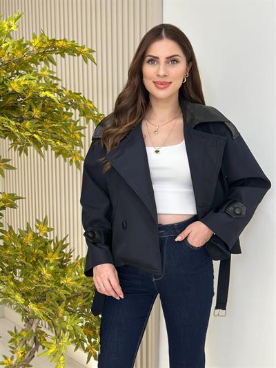 Deri Detaylı Kuşaklı Trençkot Lacivert