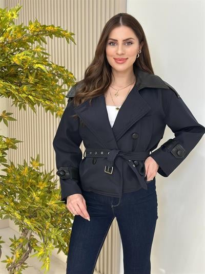 Deri Detaylı Kuşaklı Trençkot Lacivert