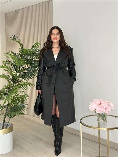 Deri Detaylı Premium Seri Kaşe Kaban 