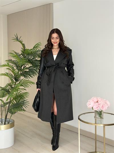 Deri Detaylı Premium Seri Kaşe Kaban 