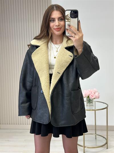 Deri Görünümlü İçi Teddy Mont Siyah