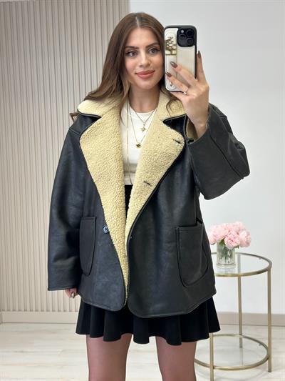 Deri Görünümlü İçi Teddy Mont Siyah