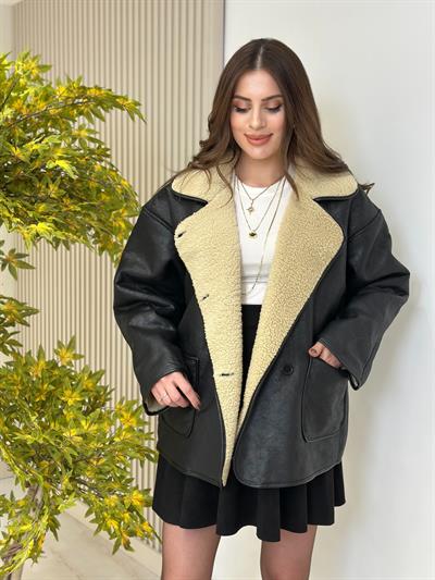 Deri Görünümlü İçi Teddy Mont Siyah