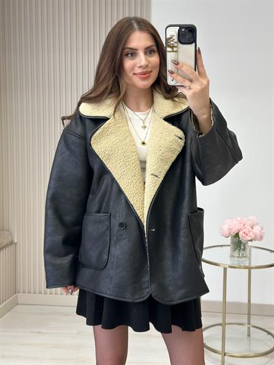 Deri Görünümlü İçi Teddy Mont Siyah