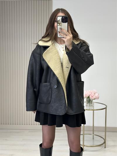 Deri Görünümlü İçi Teddy Mont Siyah