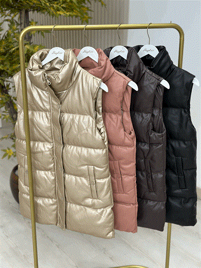 Deri Puffer Yelek Gold