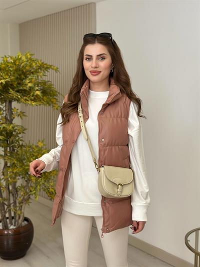 Deri Puffer Yelek Pudra