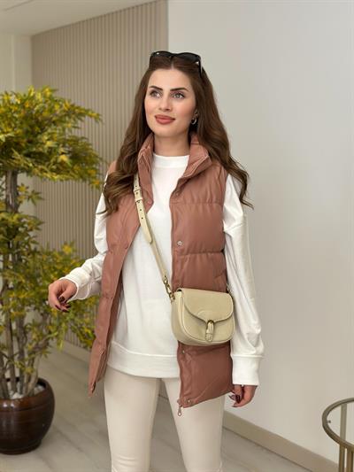 Deri Puffer Yelek Pudra