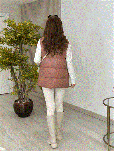 Deri Puffer Yelek Pudra