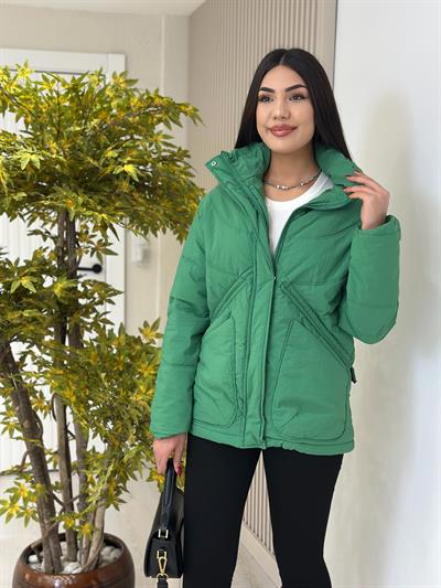 Dik Yaka Beli Büzgülü Astarlı Şişme Mont Yeşil