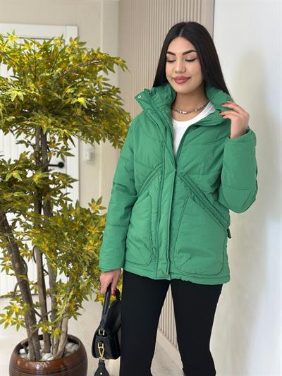 Dik Yaka Beli Büzgülü Astarlı Şişme Mont Yeşil