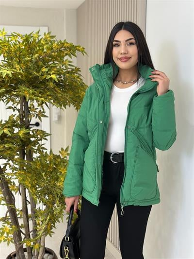 Dik Yaka Beli Büzgülü Astarlı Şişme Mont Yeşil