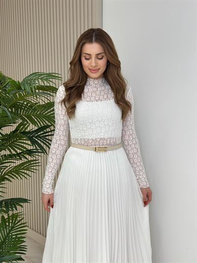 Dik Yaka Dantel Bluz Beyaz