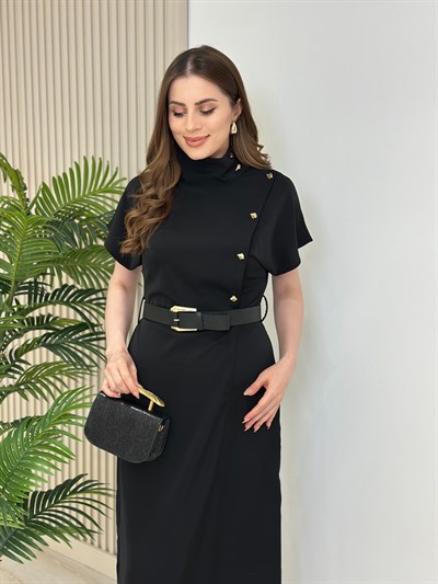 Dik Yaka Gold Düğmeli Anvelop Elbise Siyah
