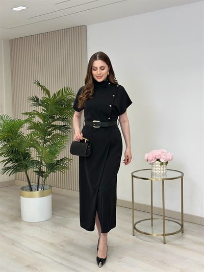 Dik Yaka Gold Düğmeli Anvelop Elbise Siyah