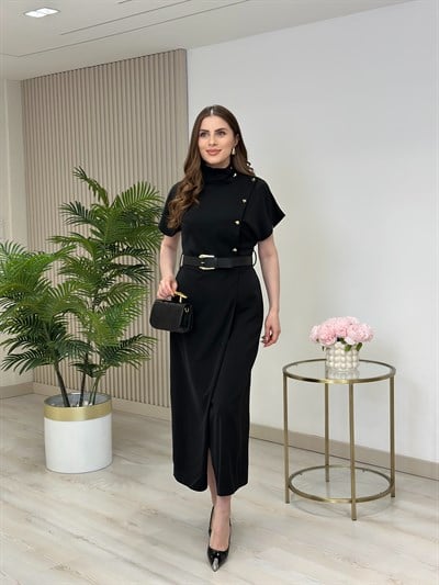 Dik Yaka Gold Düğmeli Anvelop Elbise Siyah