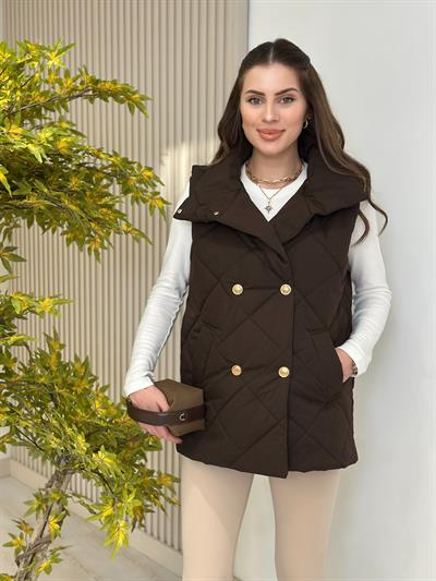 Dik Yaka Kapitone Yelek Kahve