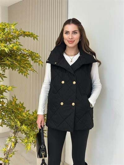 Dik Yaka Kapitone Yelek Siyah