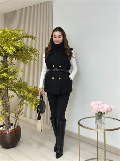 Dik Yaka Kapitone Yelek Siyah