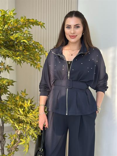 Dik Yaka Kemerli Taşlı Tok Dokulu Modal Kumaş Takım Antrasit