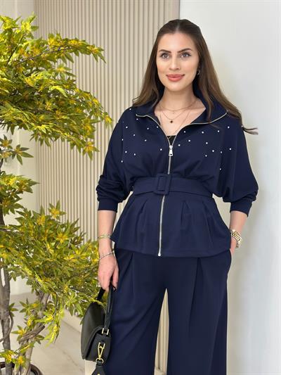 Dik Yaka Kemerli Taşlı Tok Dokulu Modal Kumaş Takım Lacivert 