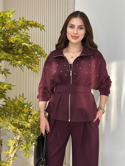 Dik Yaka Kemerli Taşlı Tok Dokulu Modal Kumaş Takım Mürdüm