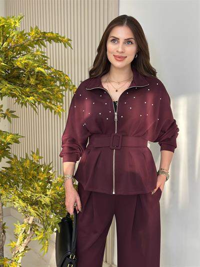 Dik Yaka Kemerli Taşlı Tok Dokulu Modal Kumaş Takım Mürdüm