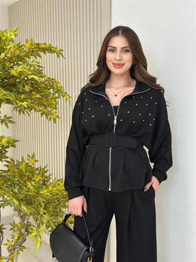 Dik Yaka Kemerli Taşlı Tok Dokulu Modal Kumaş Takım Siyah