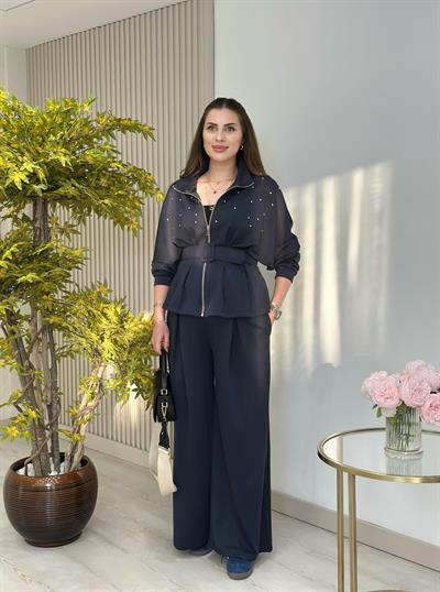 Dik Yaka Kemerli Taşlı Tok Dokulu Modal Kumaş Takım Antrasit