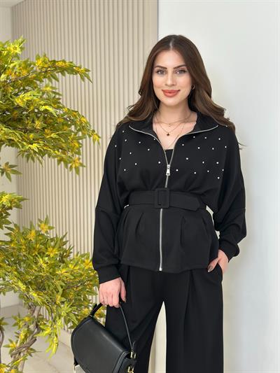 Dik Yaka Kemerli Taşlı Tok Dokulu Modal Kumaş Takım Siyah