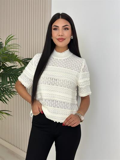 Dik Yaka Kısa Kollu Mevsimlik Merserize Triko Beyaz