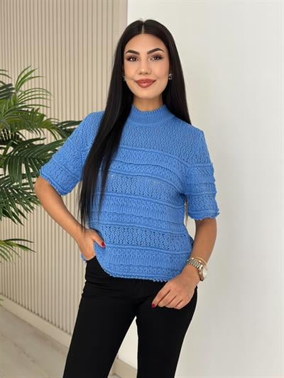 Dik Yaka Kısa Kollu Mevsimlik Merserize Triko Mavi