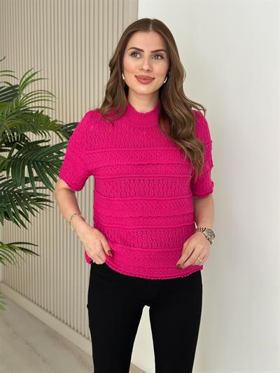 Dik Yaka Kısa Kollu Mevsimlik Merserize Triko Fuşya