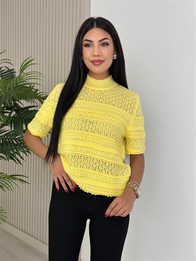 Dik Yaka Kısa Kollu Mevsimlik Merserize Triko Sarı