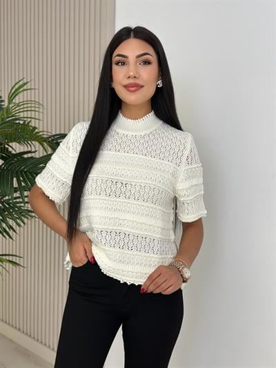 Dik Yaka Kısa Kollu Mevsimlik Merserize Triko Beyaz