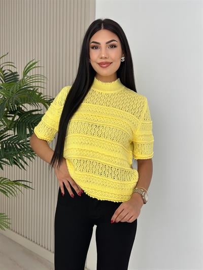 Dik Yaka Kısa Kollu Mevsimlik Merserize Triko Sarı
