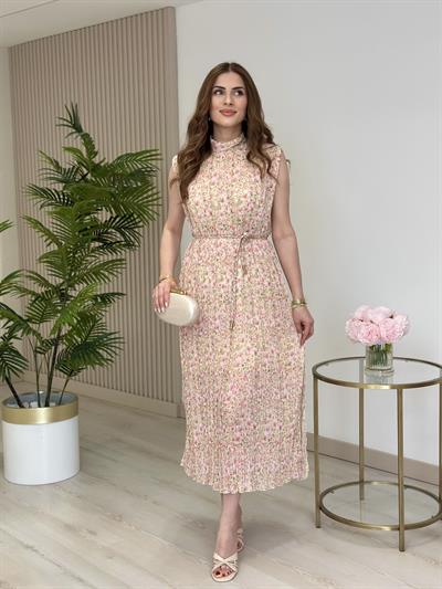 Dik Yaka Piliseli Elbise Çiçek Desenli