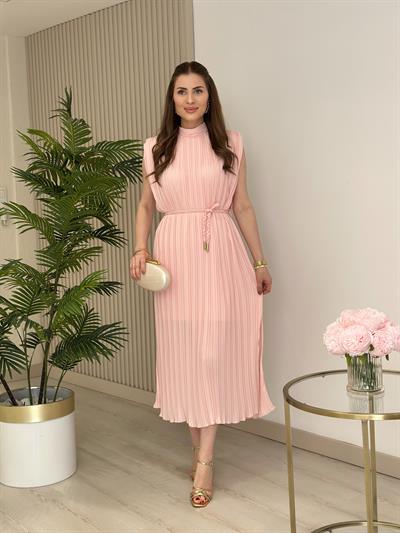 Dik Yaka Piliseli Elbise Pudra