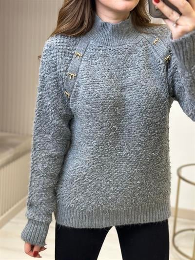 Dik Yaka Teddy Gold Fiyonklu Kazak Antrasit