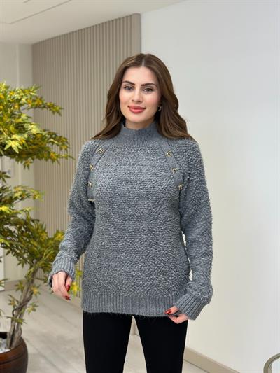 Dik Yaka Teddy Gold Fiyonklu Kazak Antrasit