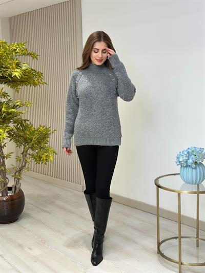 Dik Yaka Teddy Gold Fiyonklu Kazak Antrasit