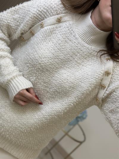 Dik Yaka Teddy Gold Fiyonklu Kazak Krem